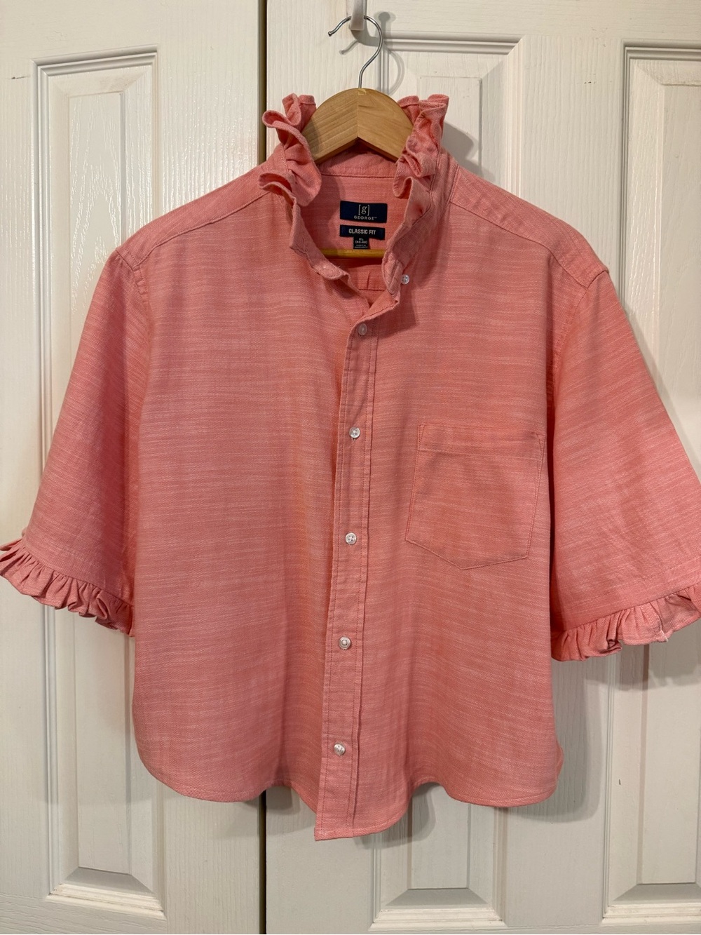 George Coral Pink Ruffle-Collar Short-Sleeve Button-Front Blouse